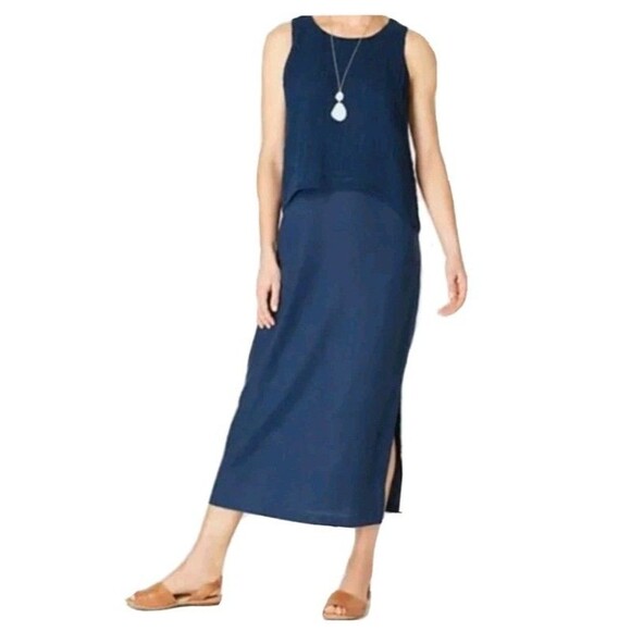 J. Jill pureJill Linen Blue Maxi Layered Dress Womens Size Medium Batik Overlay - Picture 11 of 11